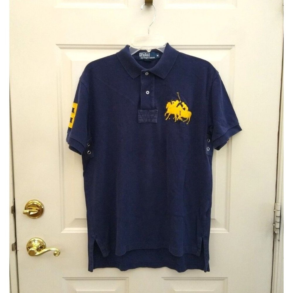 Vintage Polo Ralph Lauren Blue Yellow Ponies Metal Rings Short‎ Sleeve Shirt M